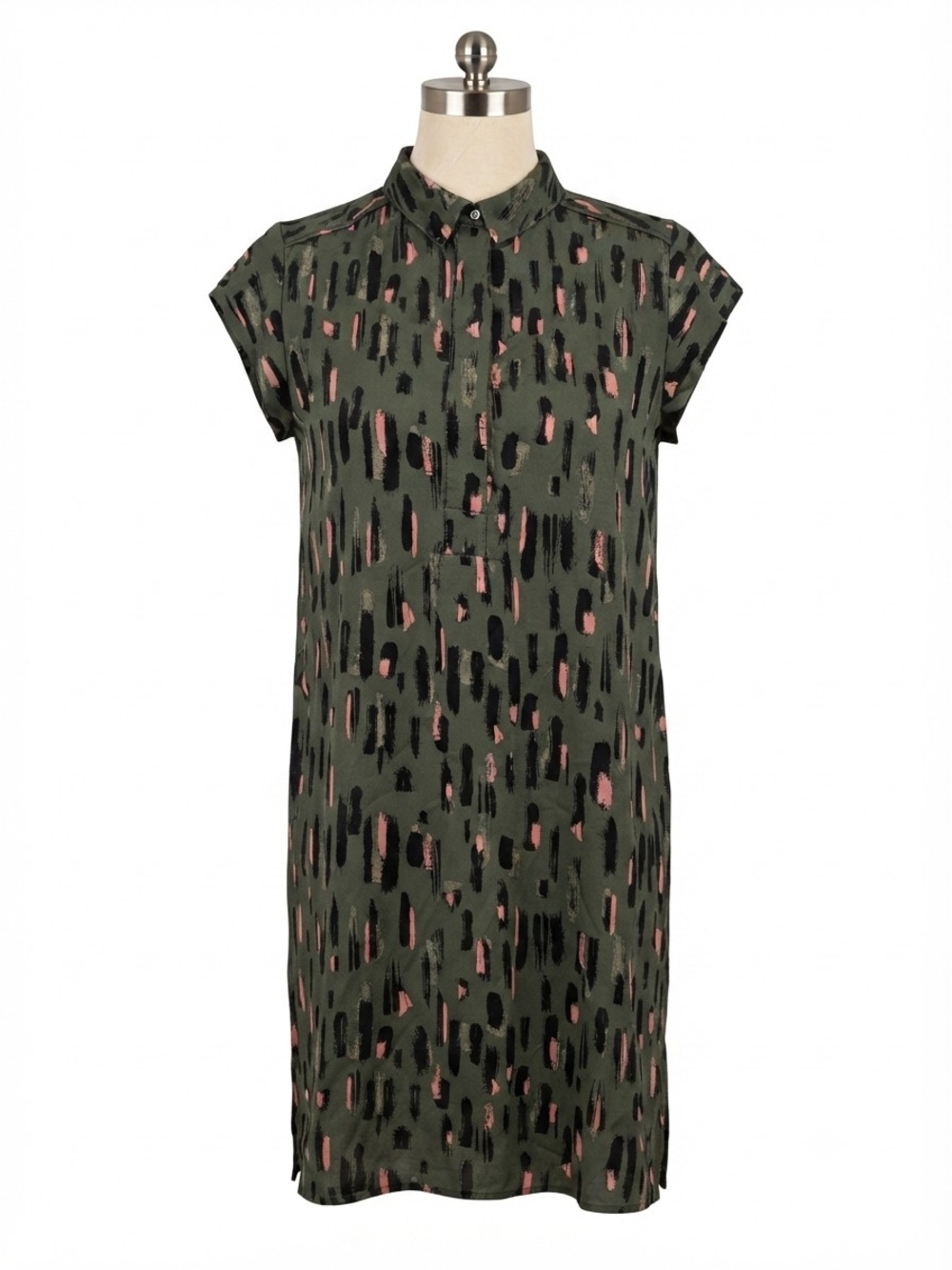 Olive Green Printed Shirt Dress with Pink & Black Accents - Picture 3 of 6